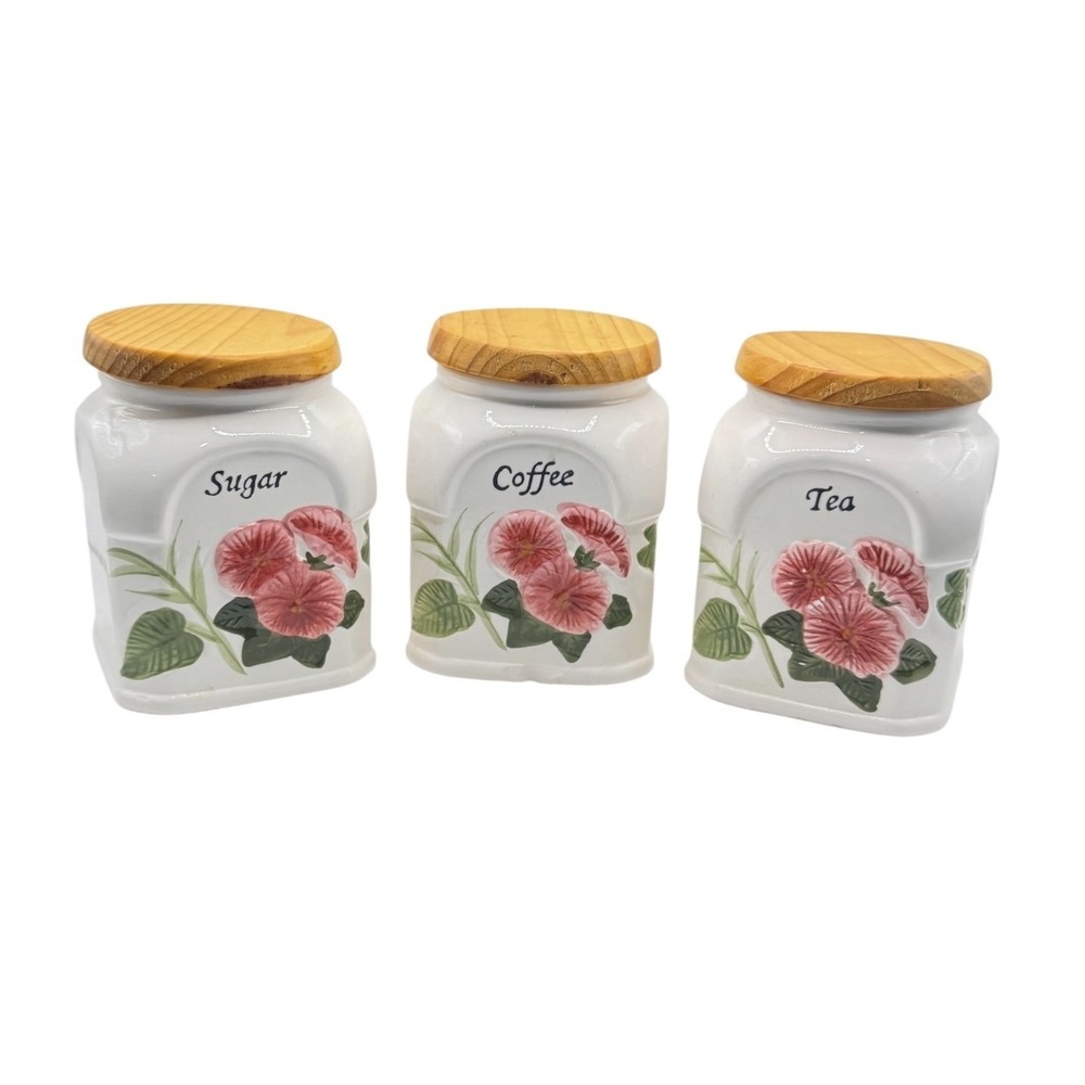 Vintage Floral Ceramic Canister Set 3pc Tea Coffee Sugar White Pink Wood Lids
